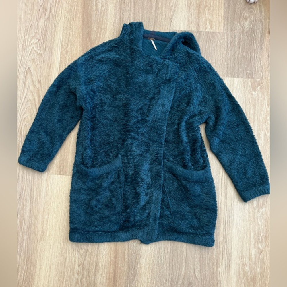 Free People Women’s Fuzzy Green/Blue Button‎ Close Hoodie Jacket Size Small
